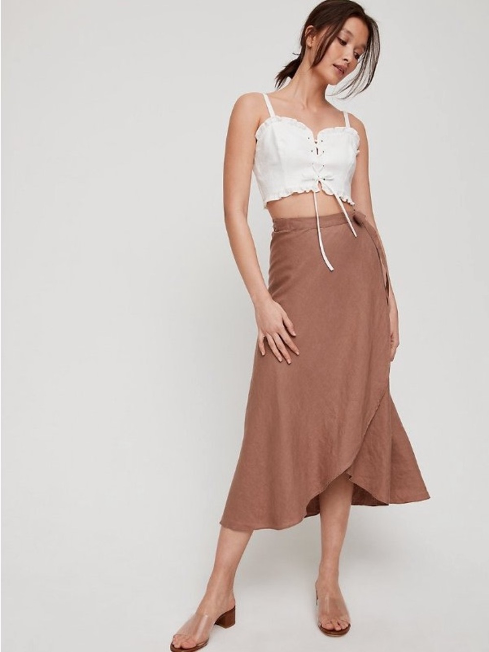 Wilfred| Aritzia| Eleta Mocha Brown 100% Linen Wrap Midi Skirt Sz M